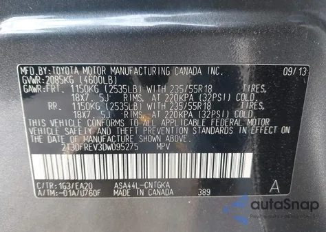 2013 Toyota Rav4 Limited z USA, uszkodzony, nr VIN 2T3DFREV3DW095275